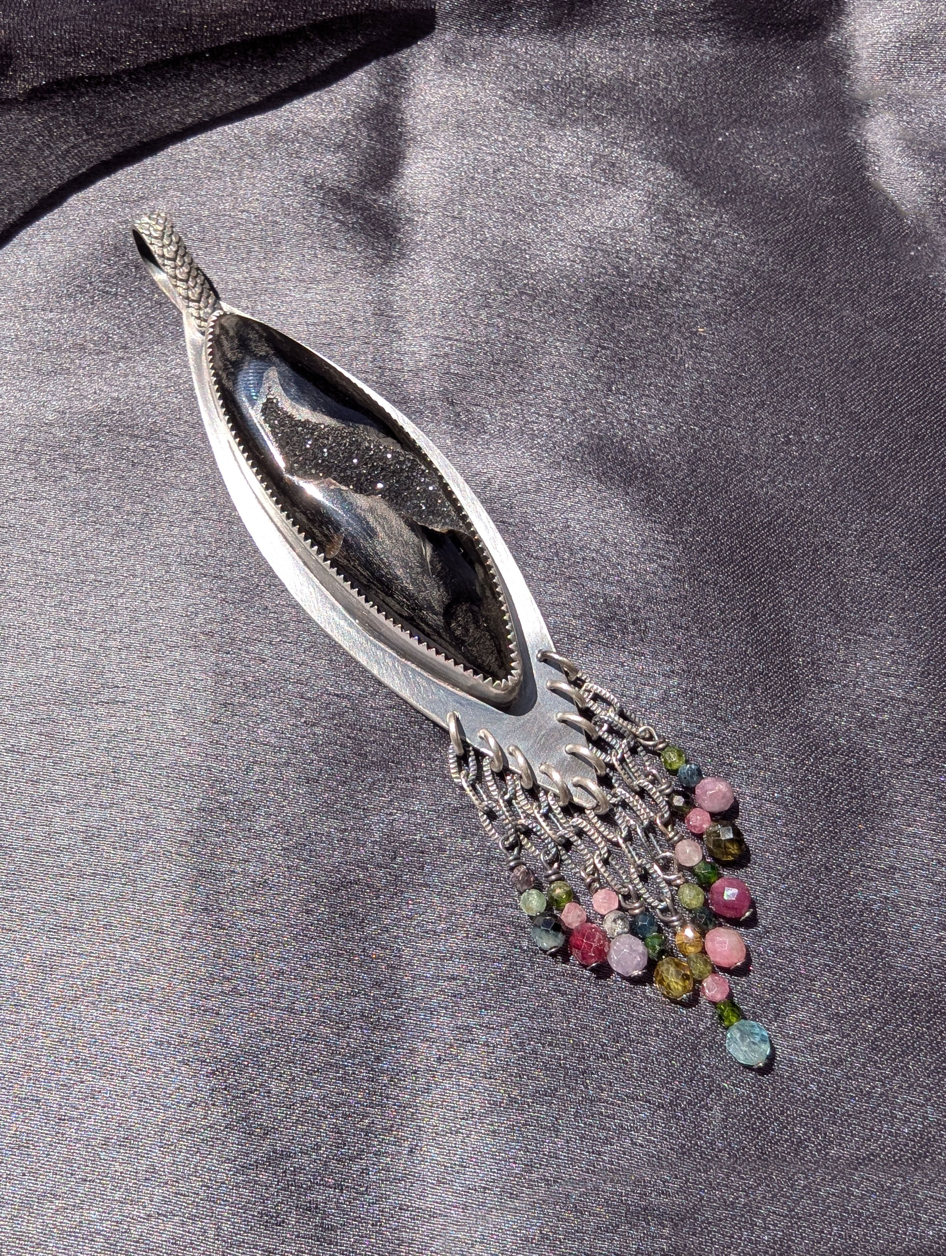 handcrafted oxidized silver pendant with tourmaline accents