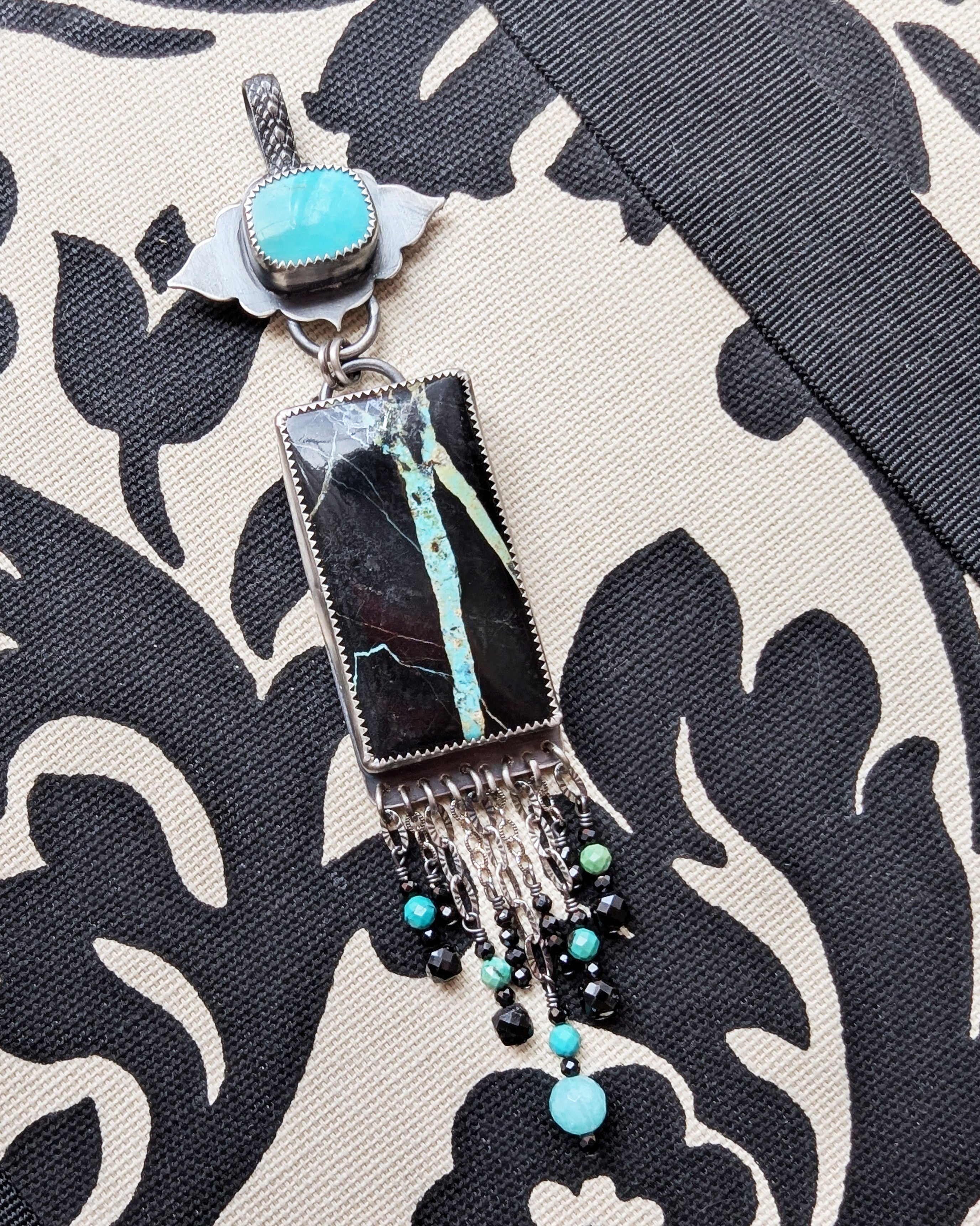 black jack turquoise pendant with kingman turquoise and silver fringe