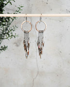 modern boho brass earrings with oxidized silver chains
