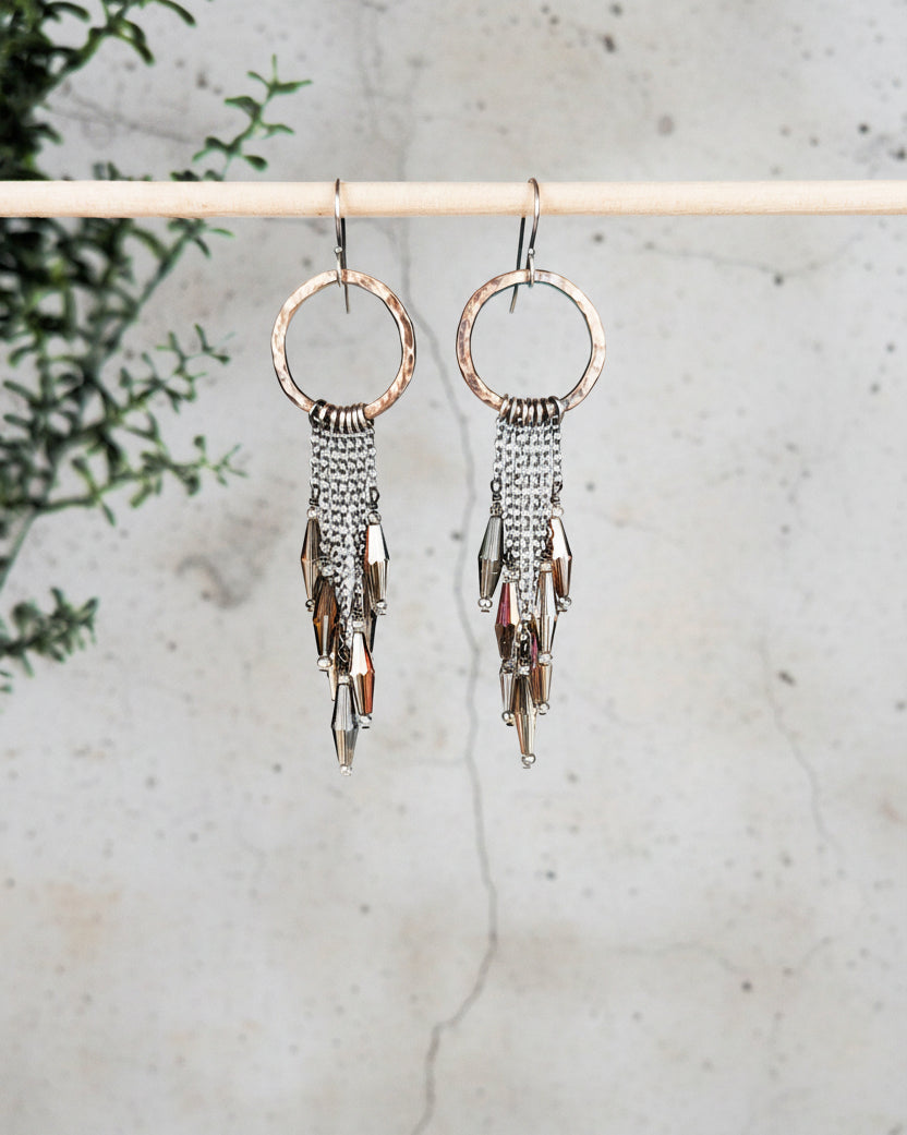 modern boho brass earrings with oxidized silver chains