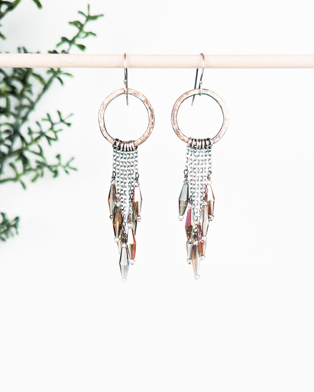mixed metal earrings with long chain fringe and iridescent crystals