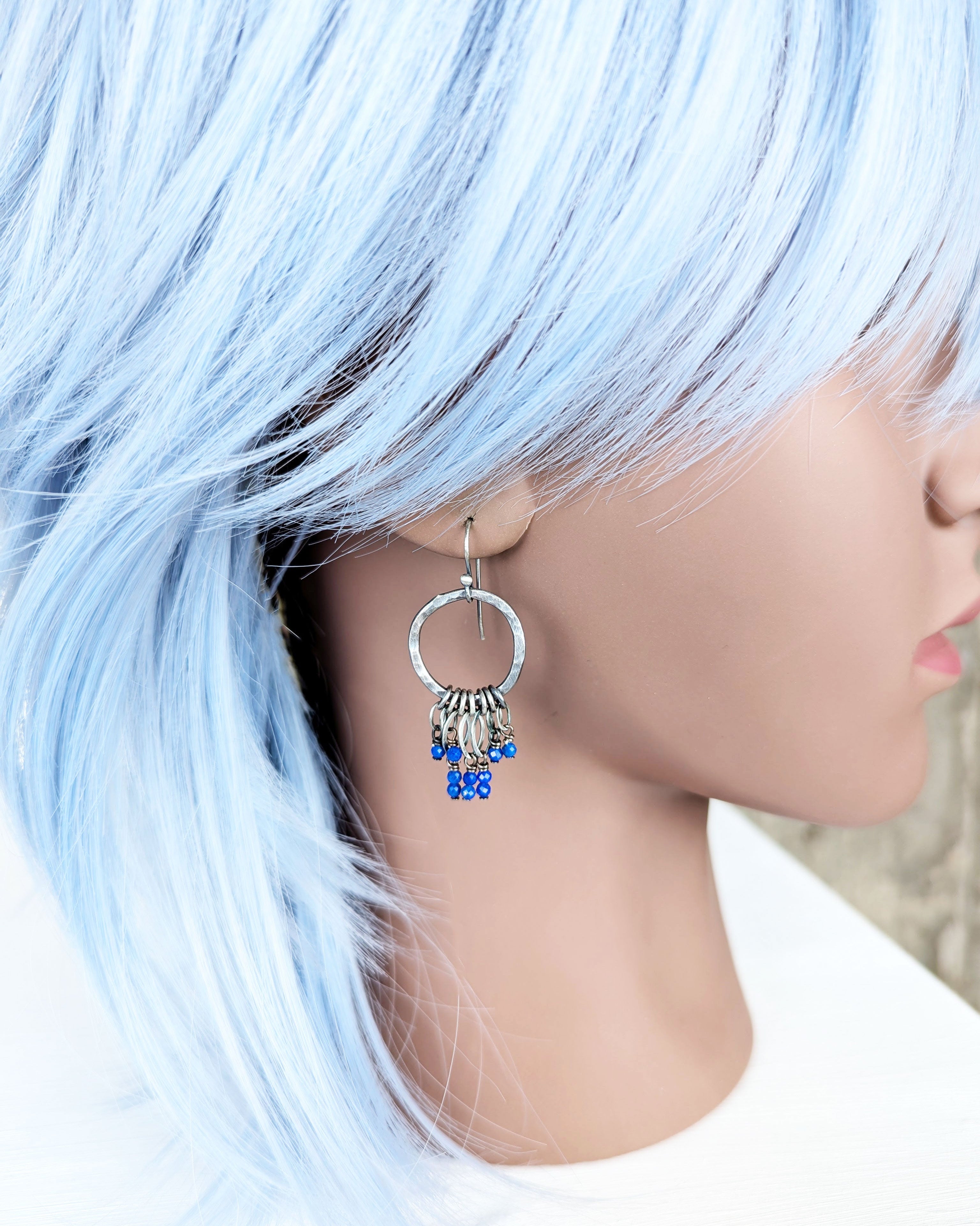 everyday artisan hoop earrings with cobalt blue gemstone beads on bust for scale
