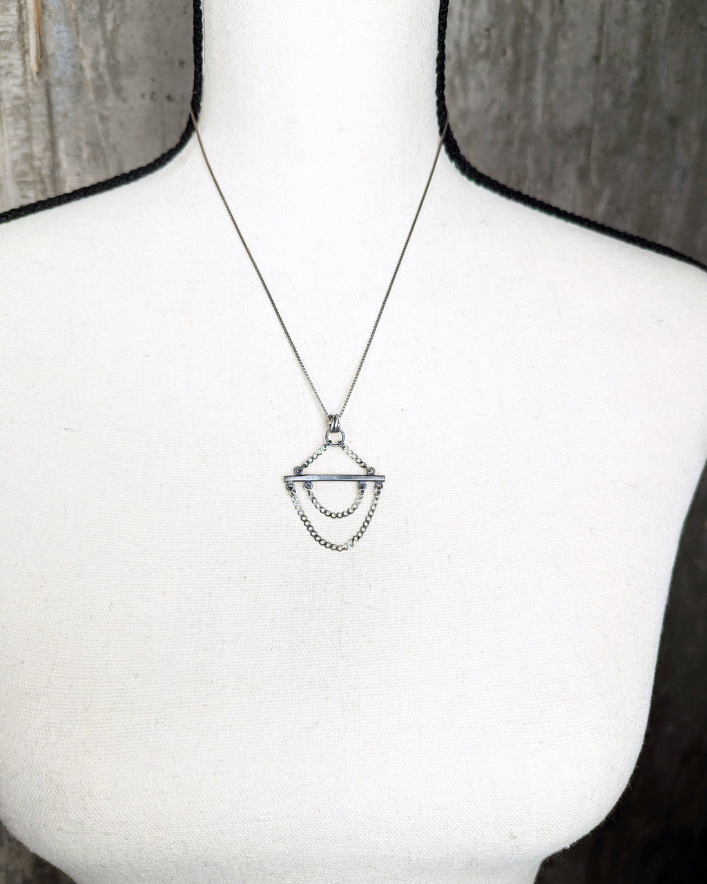 hand forged oxidized sterling silver pendant with industrial three ring bail chain not included