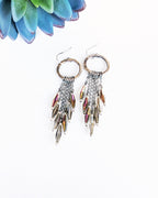 hammered brass statement earrings with oxidized sterling silver chain fringe