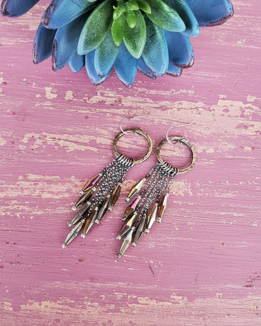 modern boho brass earrings with oxidized silver chains
