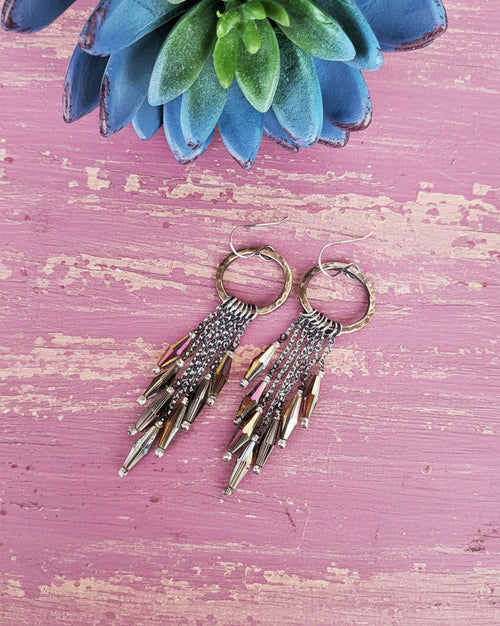 modern boho brass earrings with oxidized silver chains