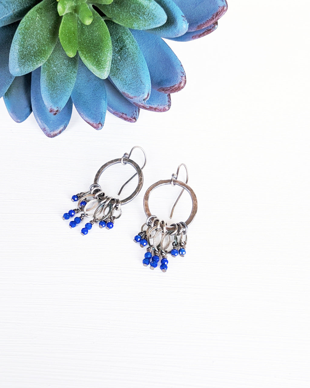hammered oxidized sterling silver hoop earrings with lapis lazuli beads