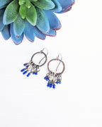 hammered oxidized sterling silver hoop earrings with lapis lazuli beads