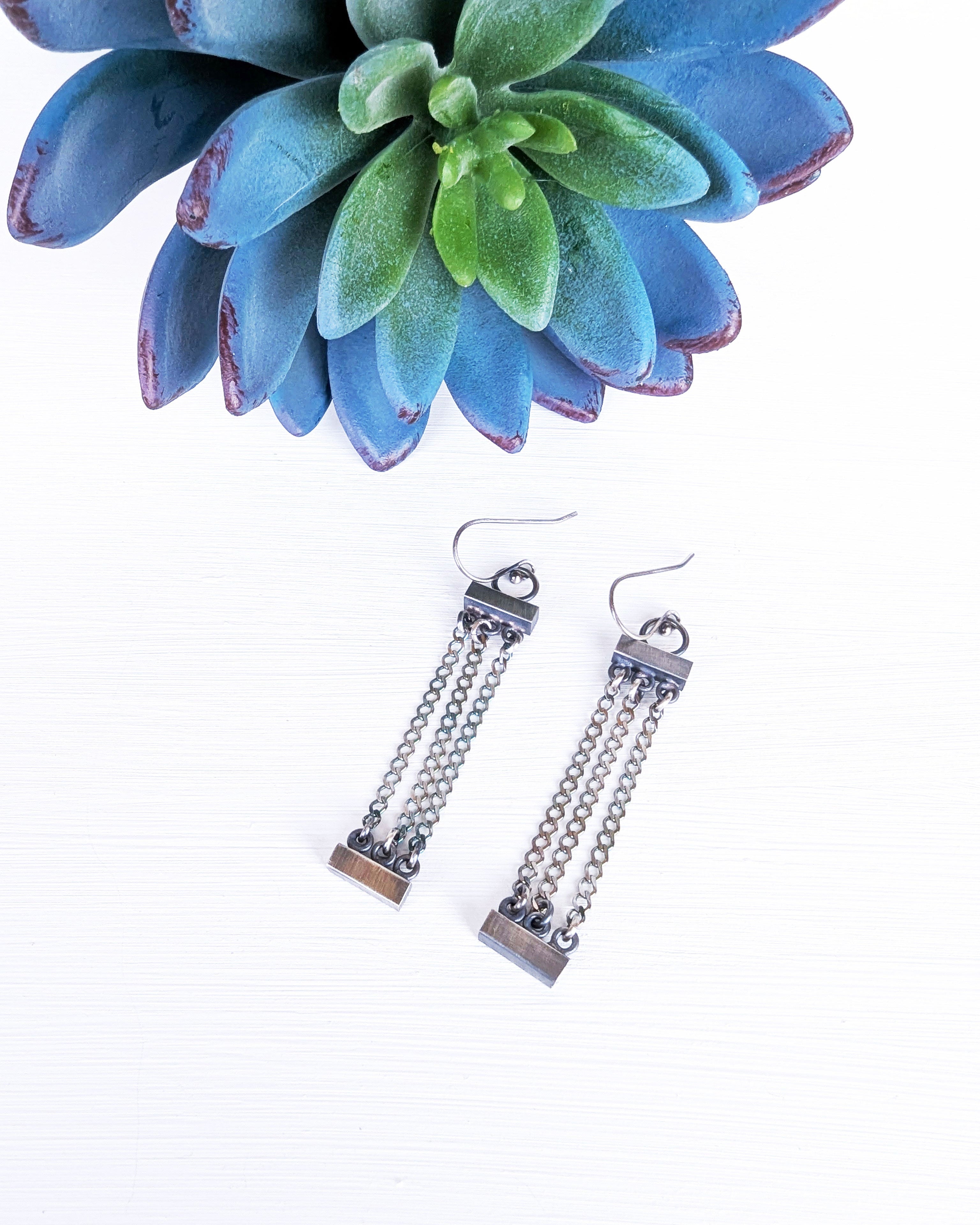 oxidized sterling silver chain earrings with forged silver bars