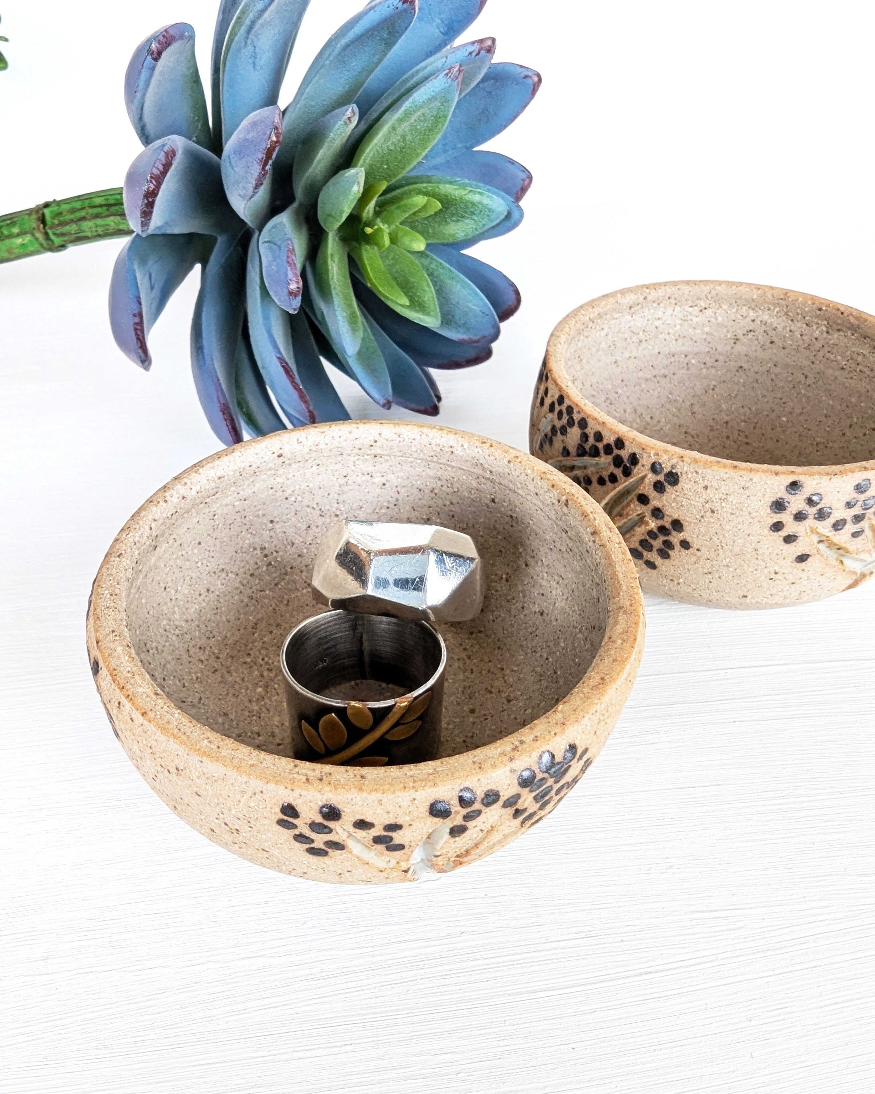 Set of two handmade stoneware jewelry dishes with hand-painted Colorado aspen tree designs.