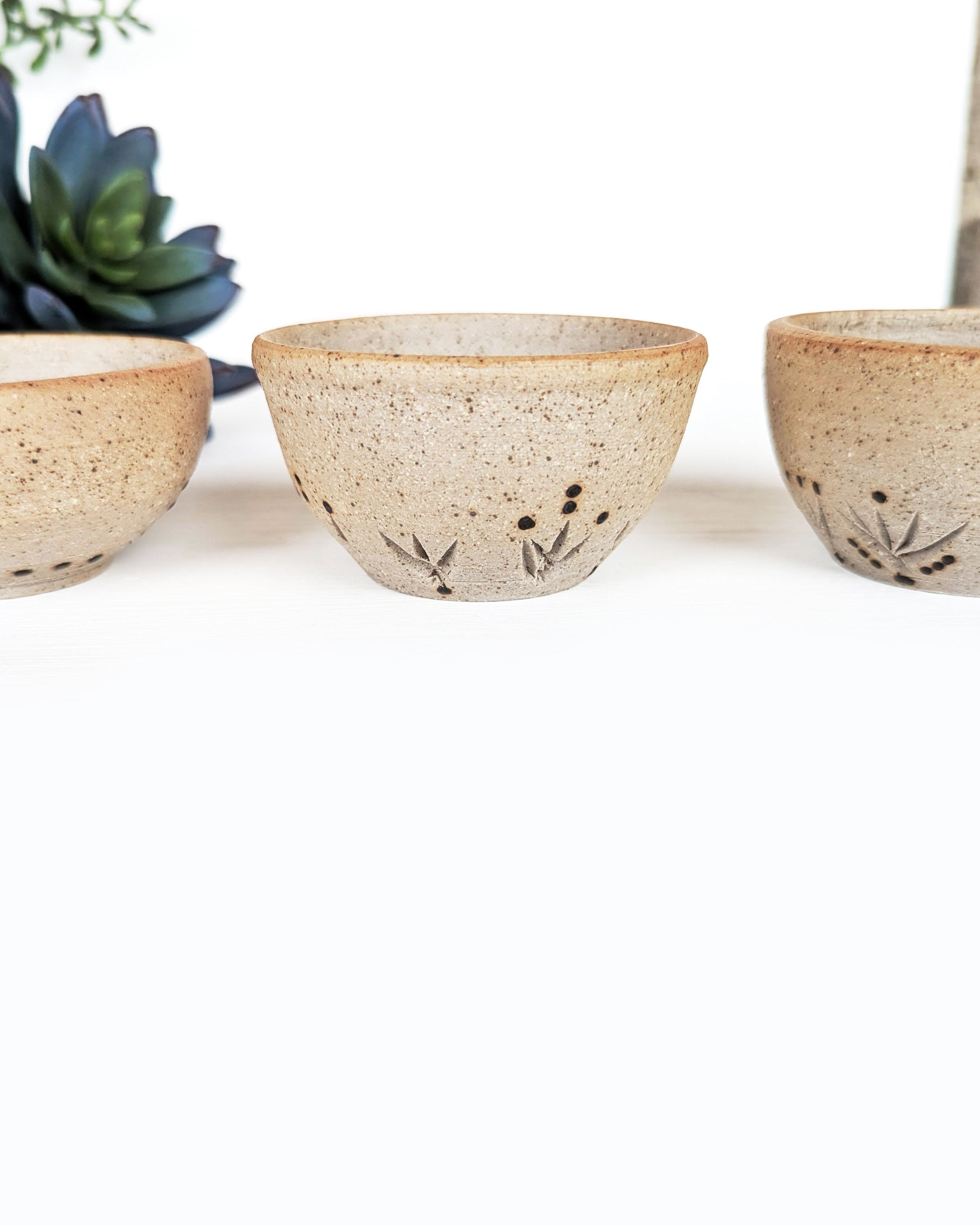 Set of handmade Southwestern stoneware jewelry bowls with carved agave designs and dotted glaze details.