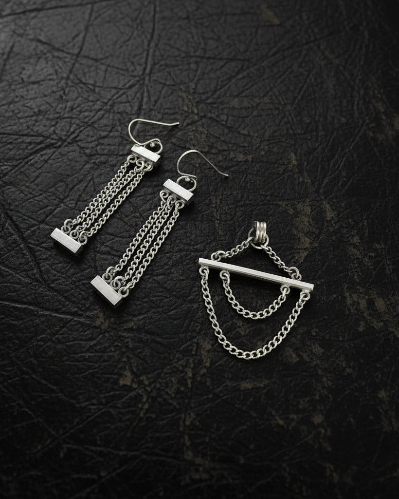 contemporary sterling silver chain earrings with sculptural design with complimentary pendant not included