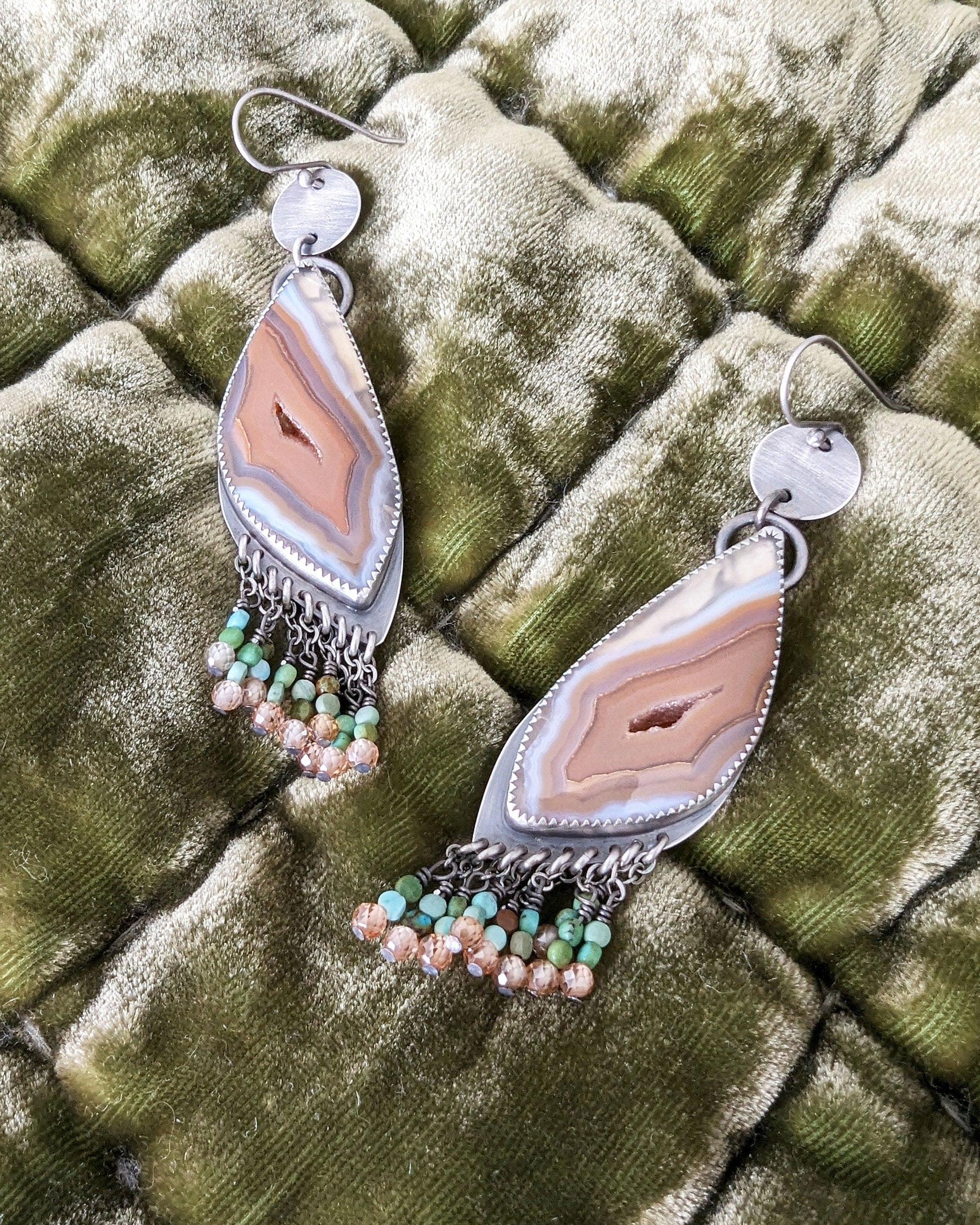 Artisan sterling silver earrings with banded agate and CZ detail