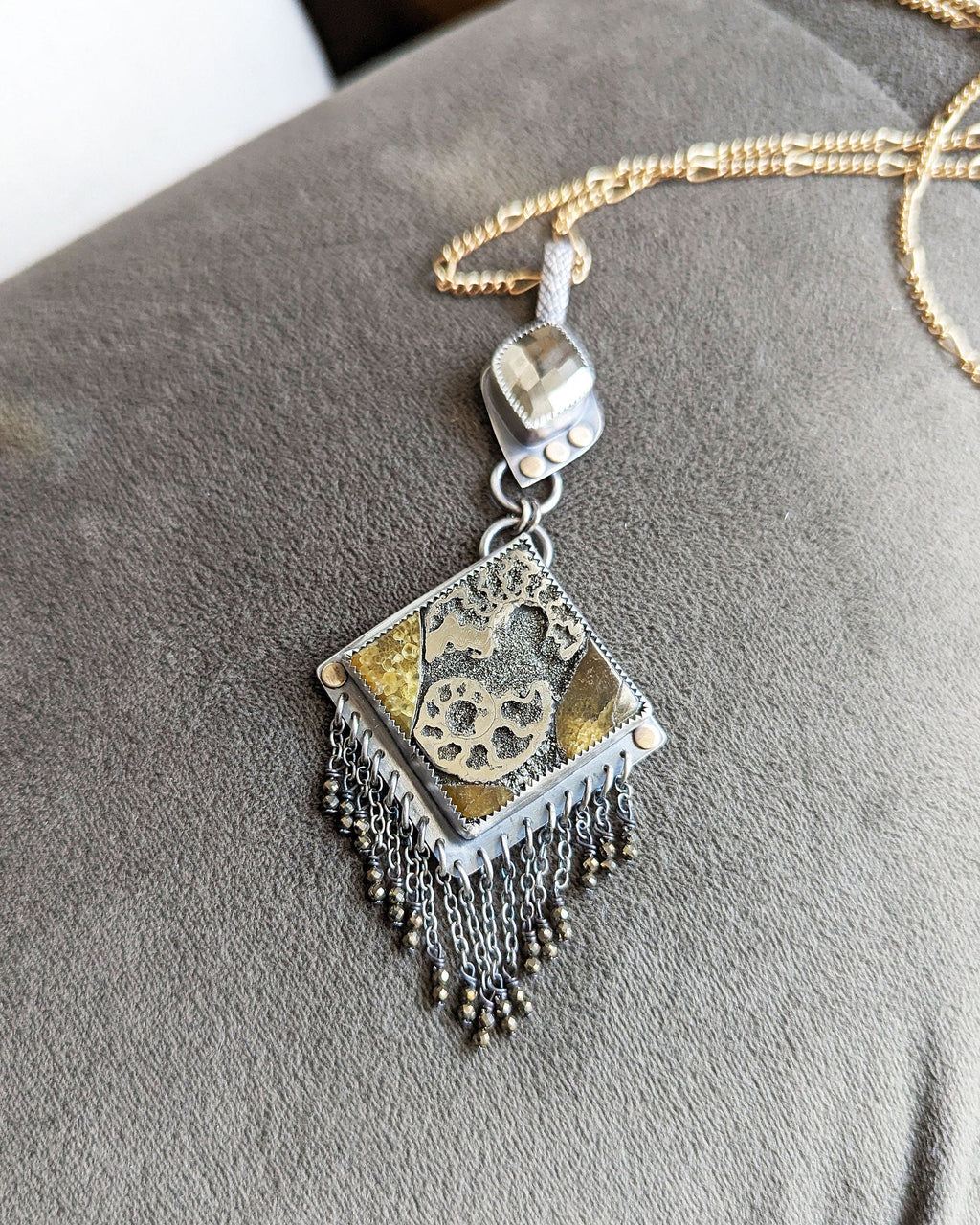 Boho fossil jewelry pendant with pyrite bail and metallic sparkle shown on chain (not included)