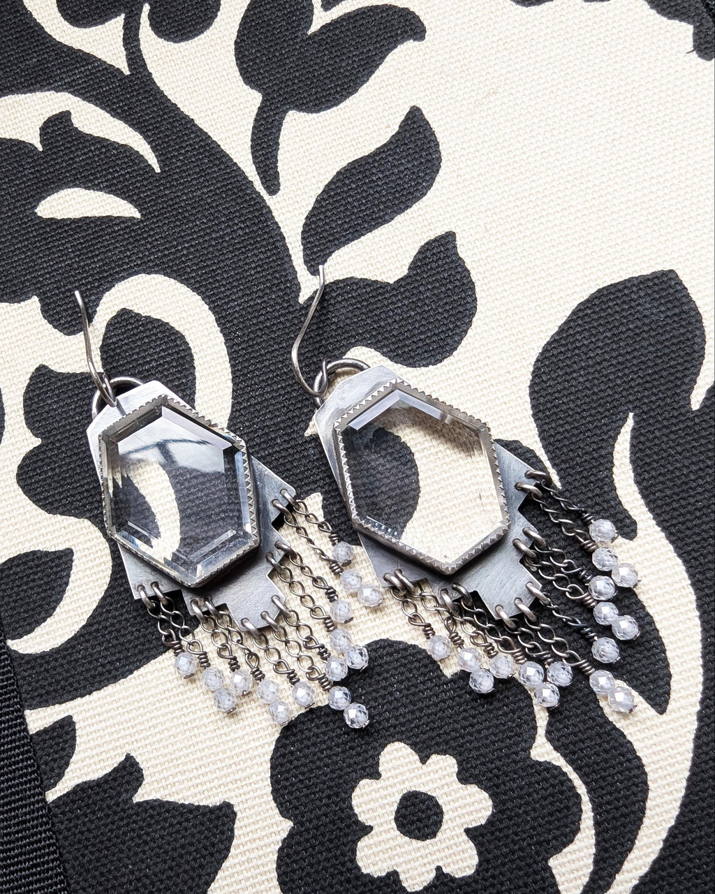 Close-up of hydro quartz stones framed in oxidized sterling silver earrings

