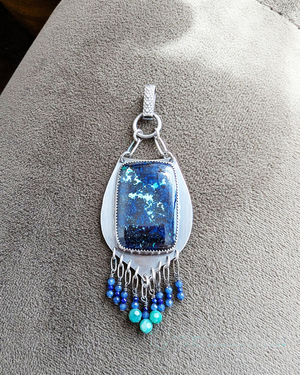 Artisan handmade azurite malachite necklace with moving bead fringe