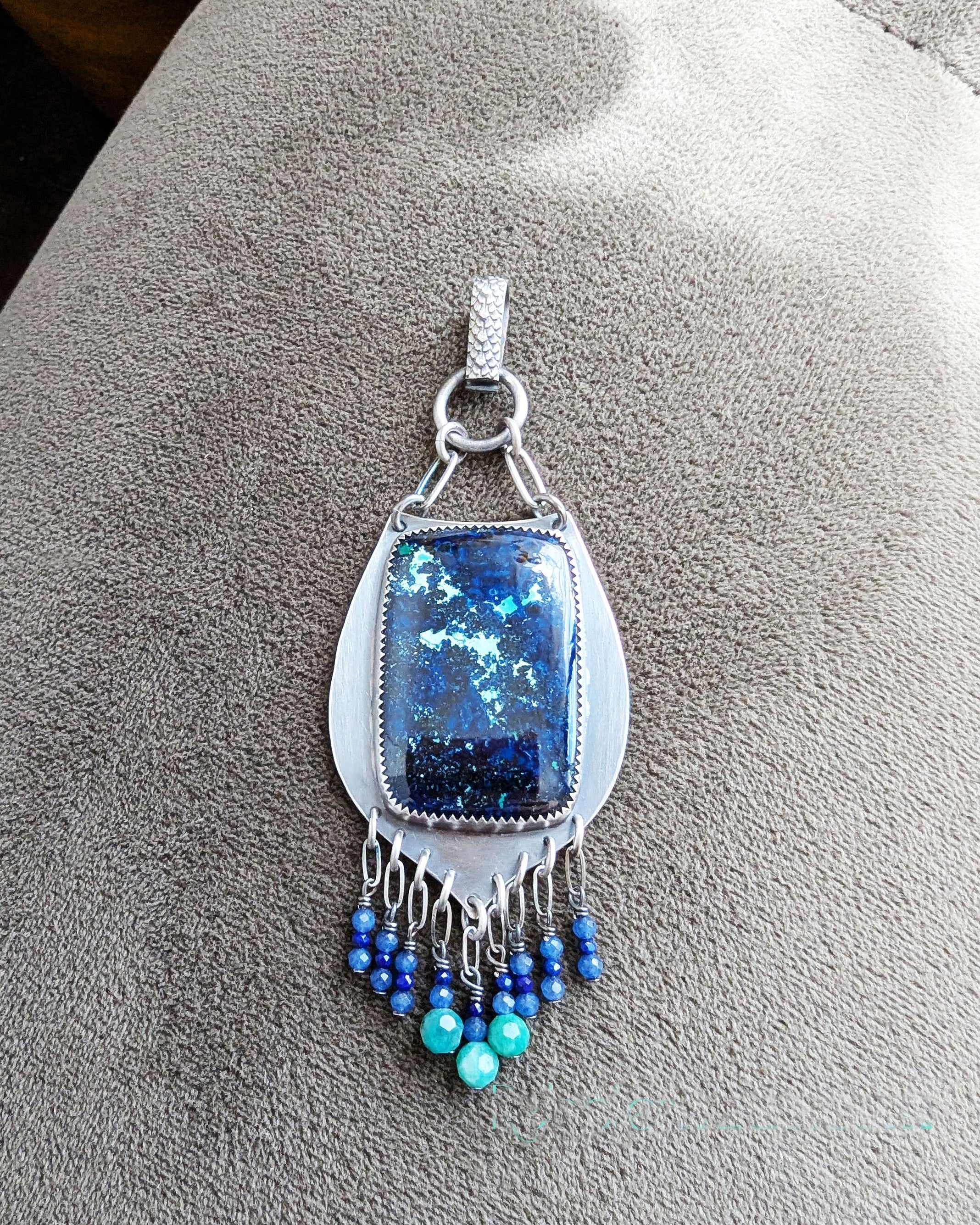 Artisan handmade azurite malachite necklace with moving bead fringe