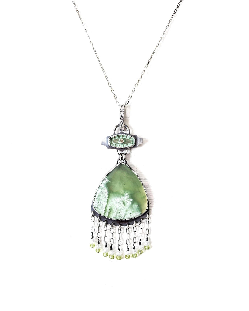Artisan handmade serpentine pendant with peridot and CZ fringe shown on chain (not included)