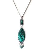 Marquis malachite pendant with rose cut emerald in oxidized silver shown on chain (not included)