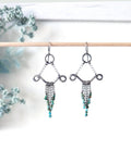 Turquoise bead fringe earrings in oxidized sterling silver