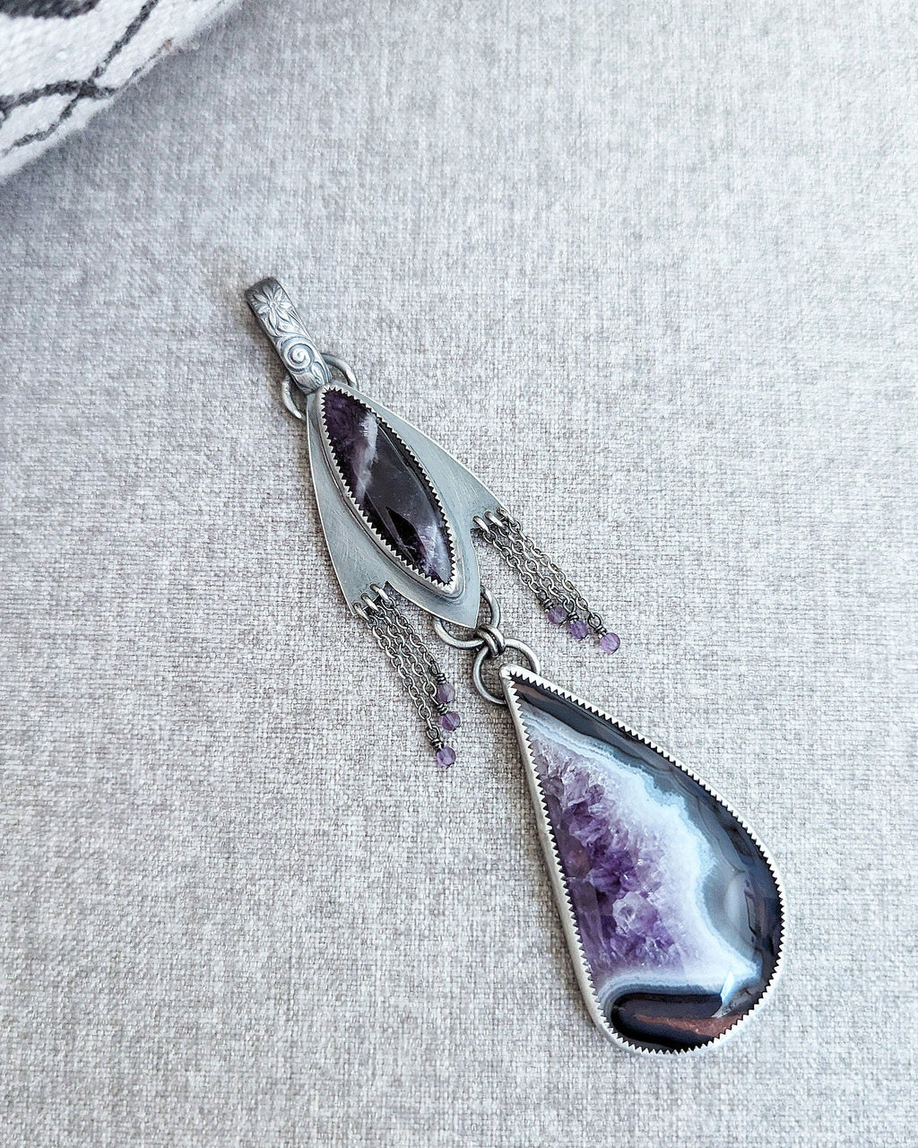 Amethyst bead and sterling chain fringe detail