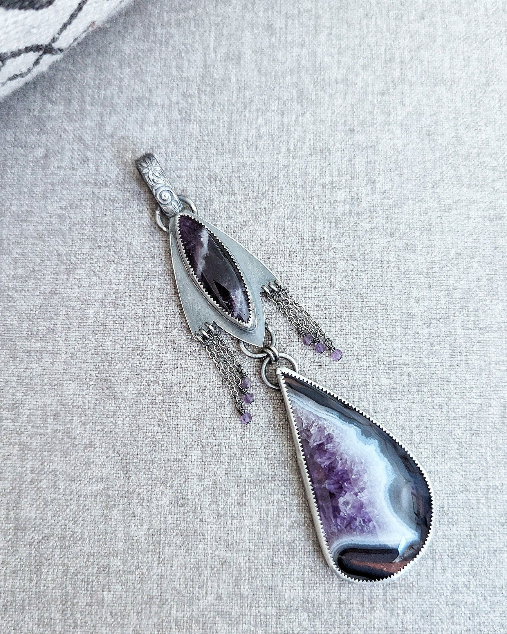 Amethyst bead and sterling chain fringe detail