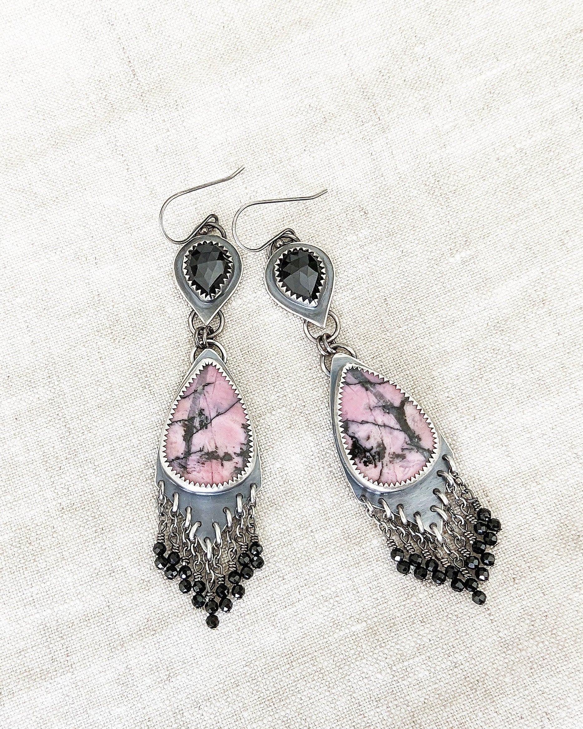 Edgy feminine dangle earrings with rhodonite drops and spinel beads