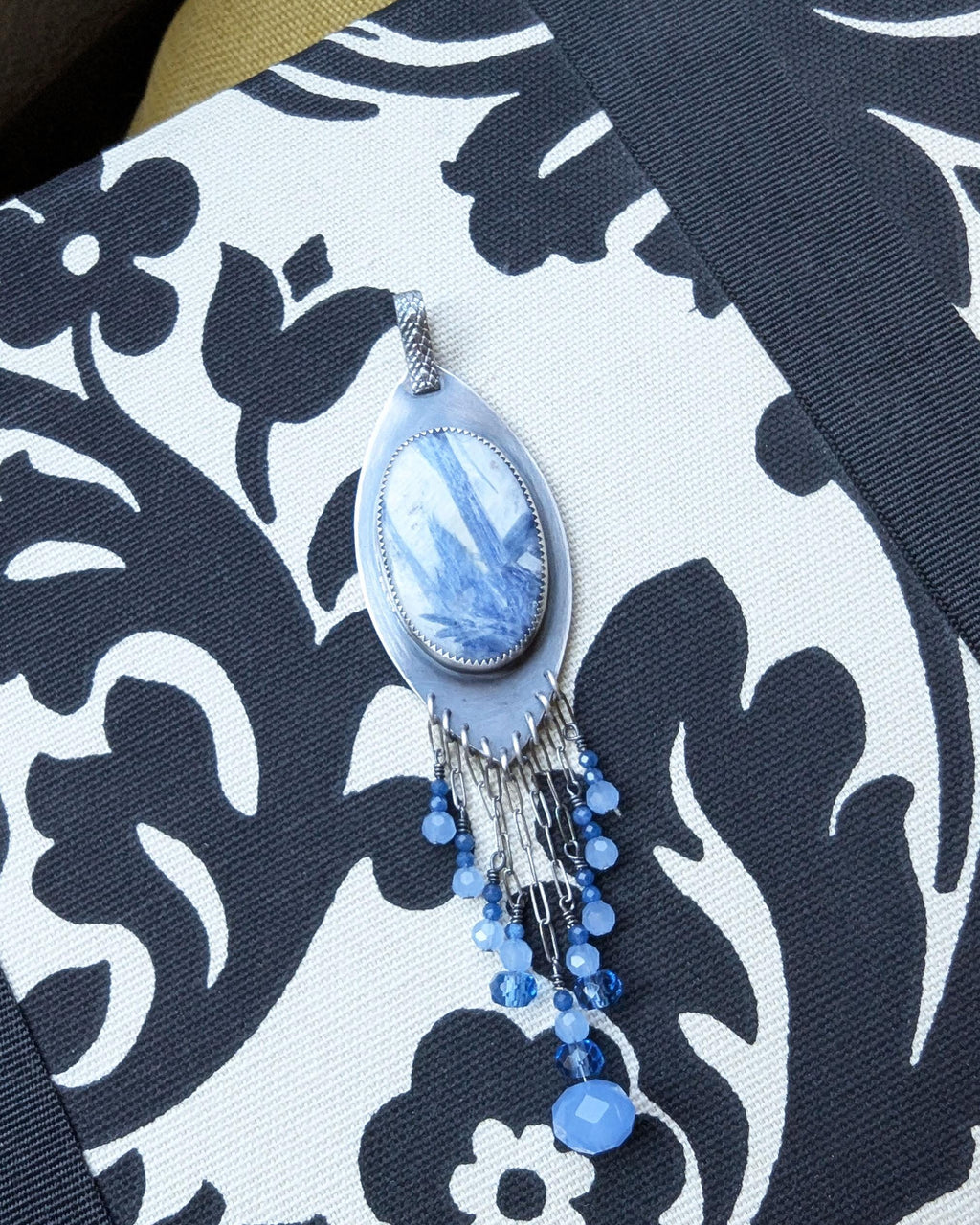Blue gemstone pendant with chalcedony and jade bead fringe