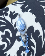 Blue gemstone pendant with chalcedony and jade bead fringe