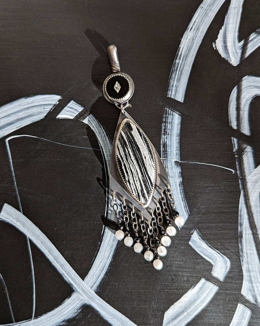 Marquis-shaped black and white jasper in oxidized sterling silver