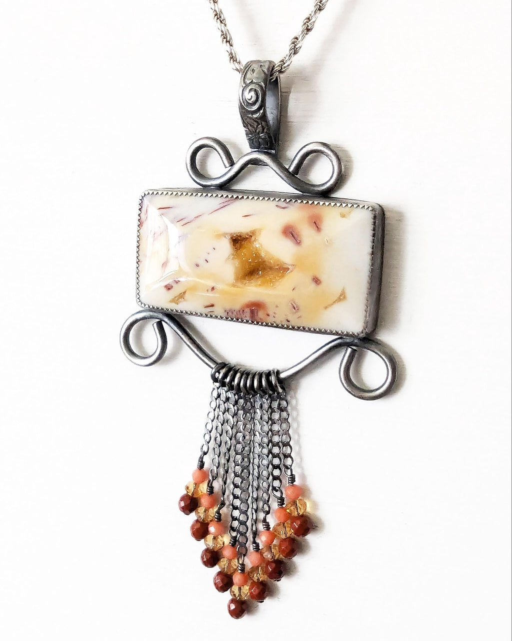 Boho statement pendant with sugar palm agate and gemstone fringe shown on chain (not included0