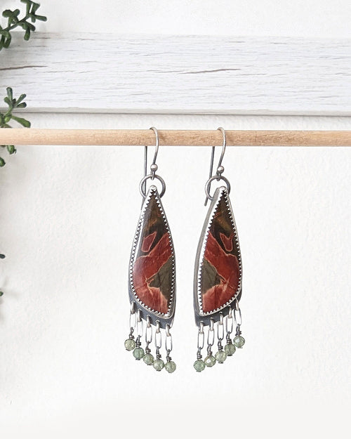 Leaf shaped jasper dangle earrings with green apatite beads