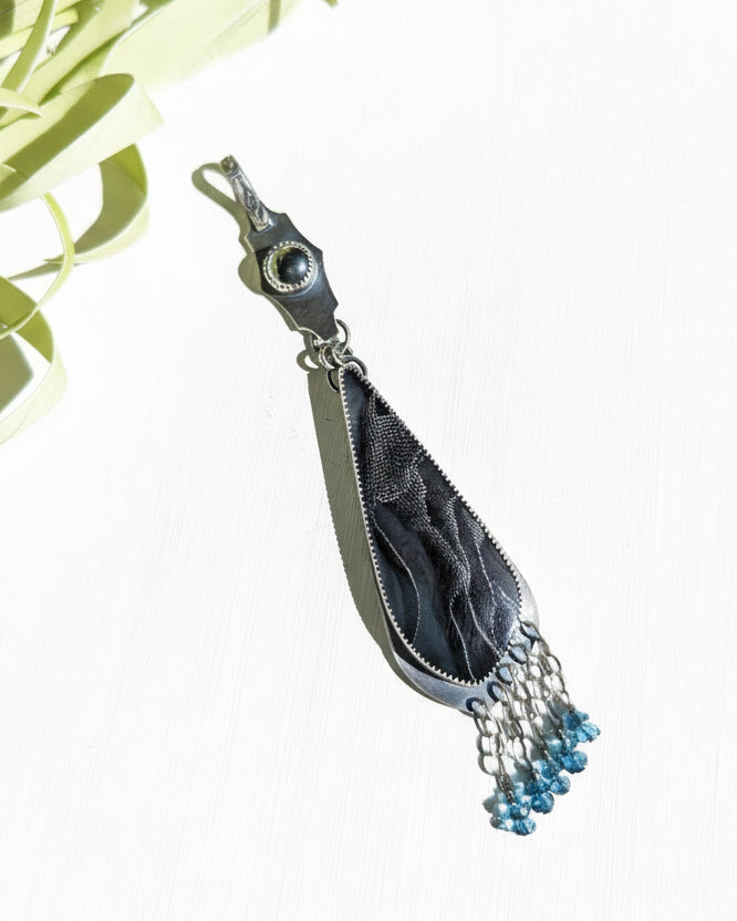 Artisan handmade gothic pendant with chain fringe and gemstone accents