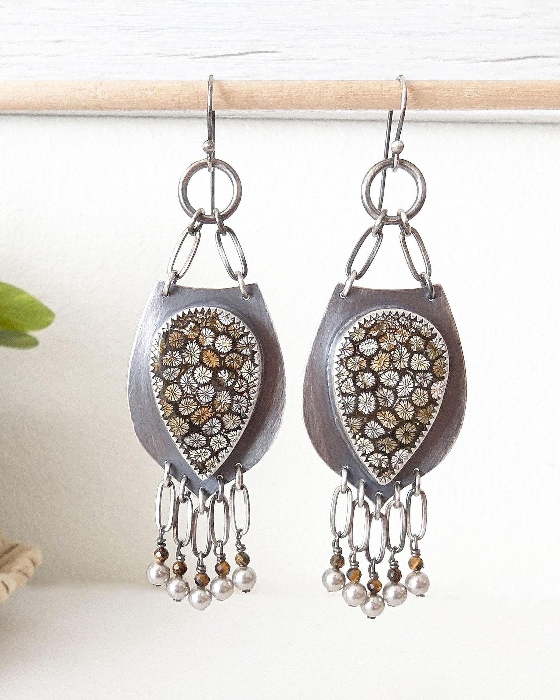 Fossil coral chandelier earrings in oxidized sterling silver