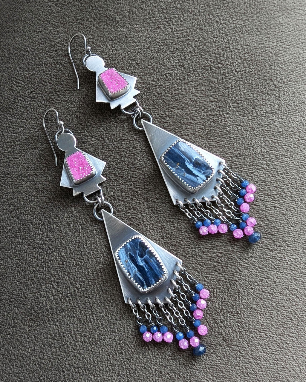 Flashy blue-sheen pietersite paired with oxidized sterling silver