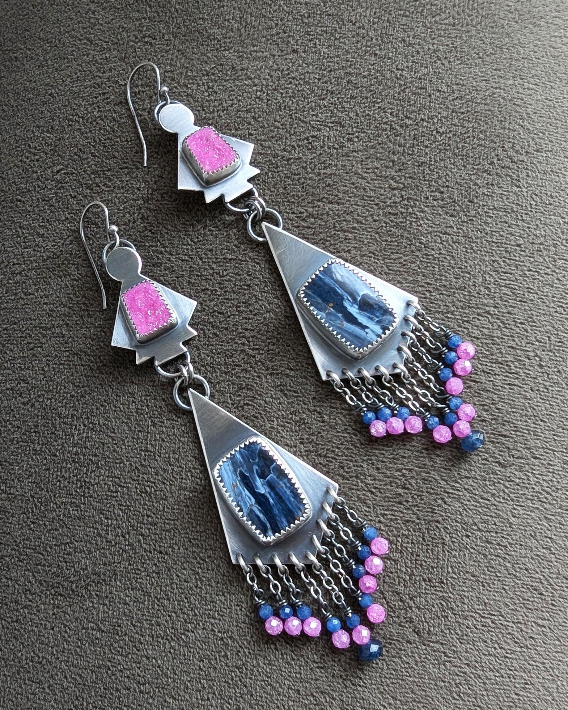 Flashy blue-sheen pietersite paired with oxidized sterling silver