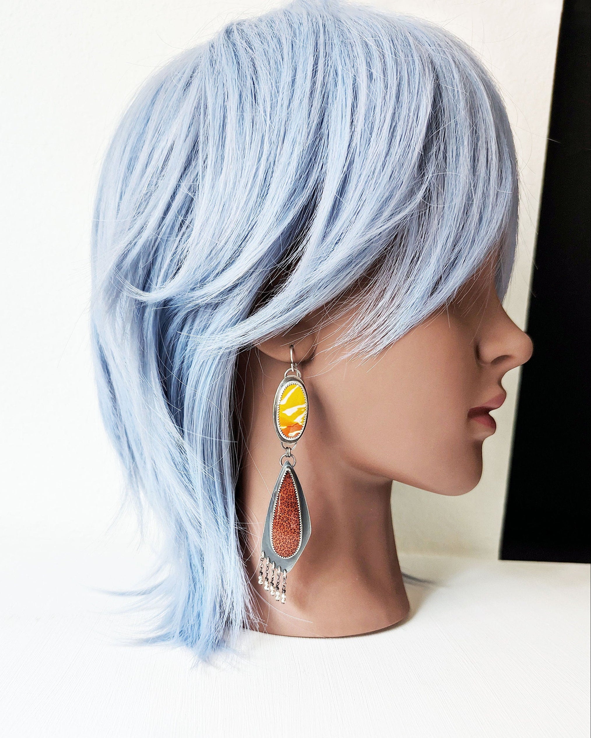Mediumweight Fire Crush earrings worn to show size and length
