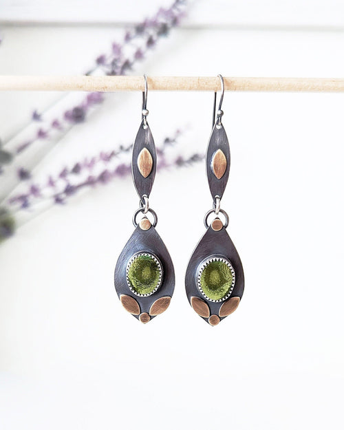 Tibetan turquoise double-drop earrings with brass coin and leaf details