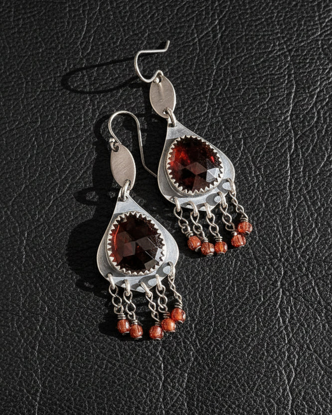 Rose cut red garnet dangle earrings handmade in sterling silver