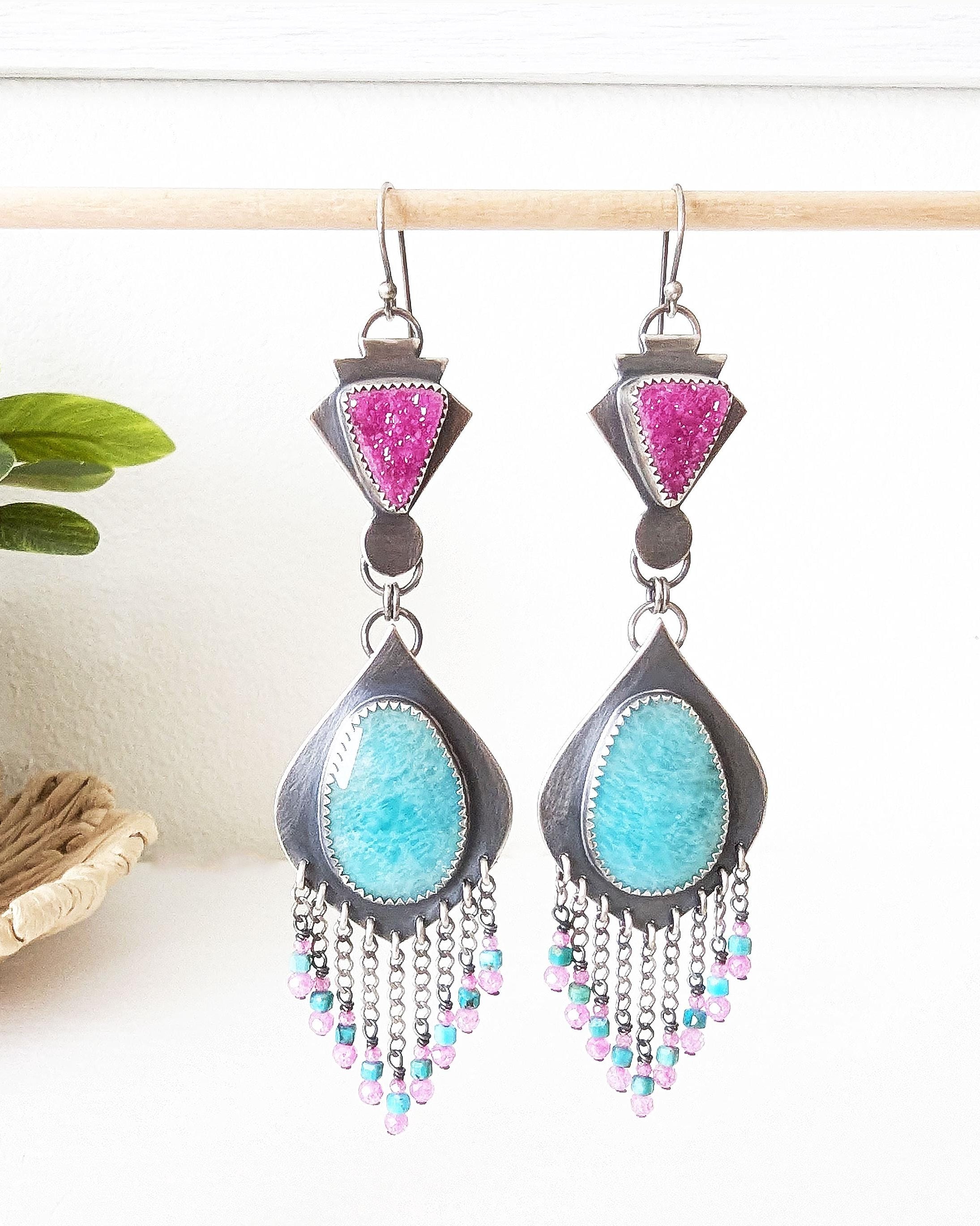 Druzy cobalto calcite earrings with vivid magenta sparkle