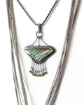 Labradorite pendant in oxidized sterling silver with aquamarine and nephrite fringe
