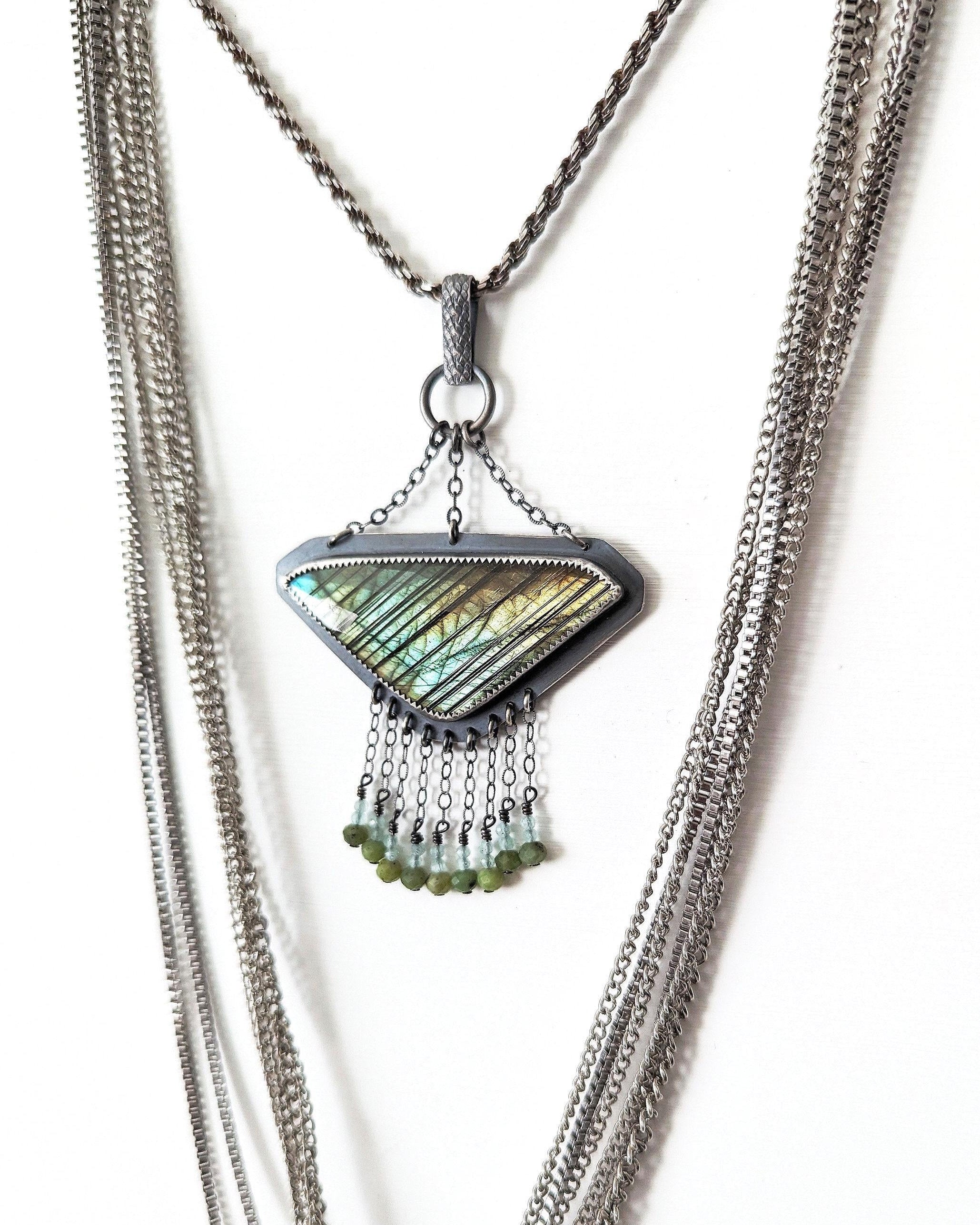Labradorite pendant in oxidized sterling silver with aquamarine and nephrite fringe
