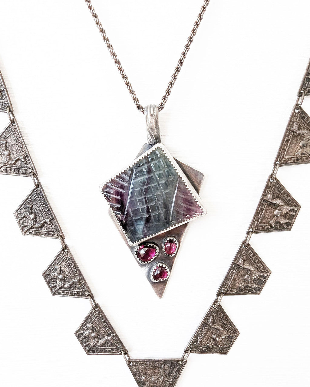 Rainbow fluorite pendant in oxidized sterling silver