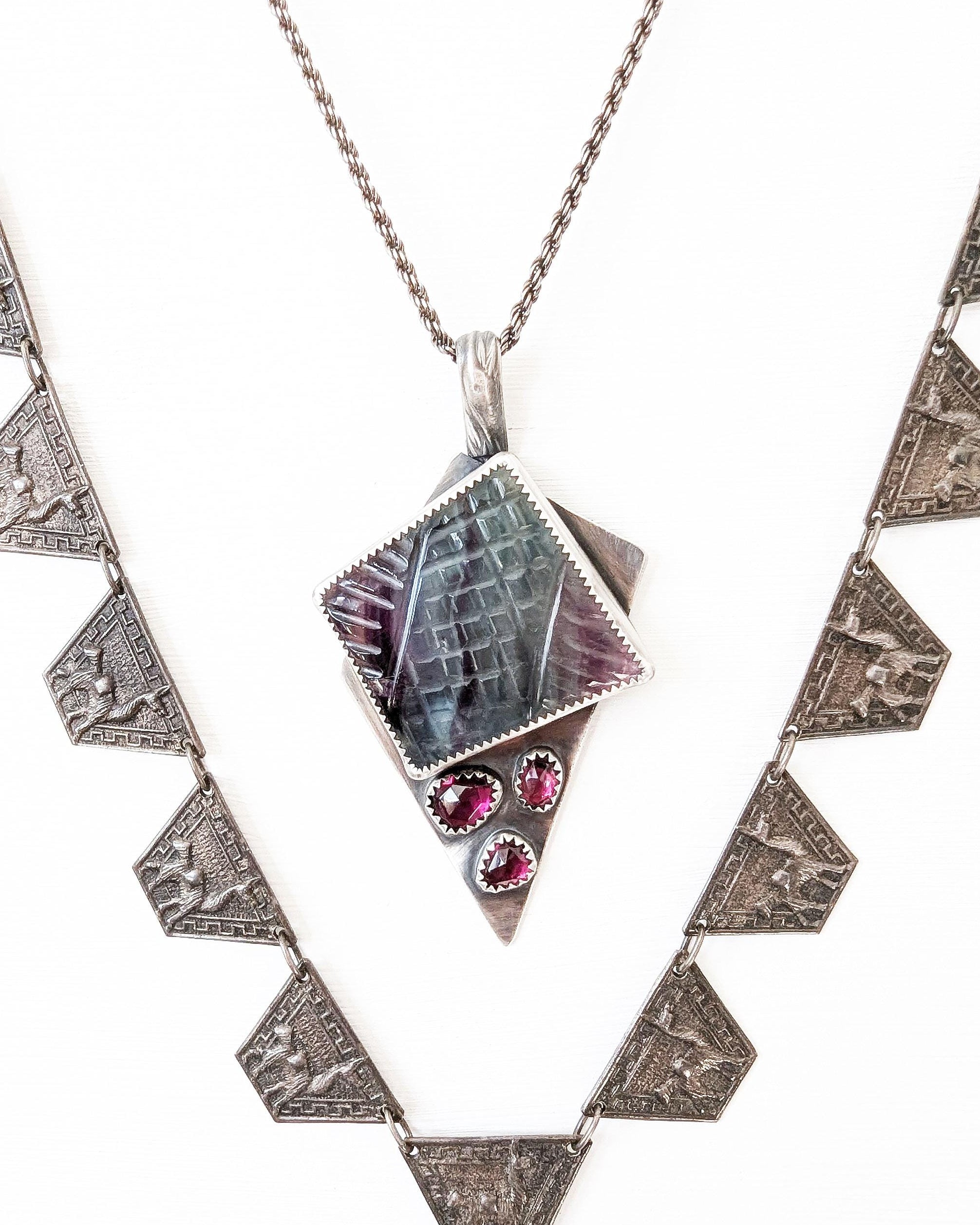 Rainbow fluorite pendant in oxidized sterling silver