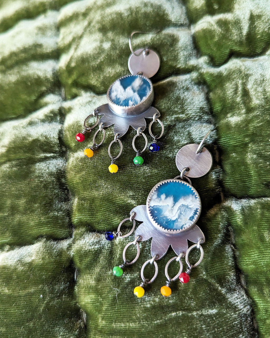 Artisan rainbow fringe earrings with agate stone details