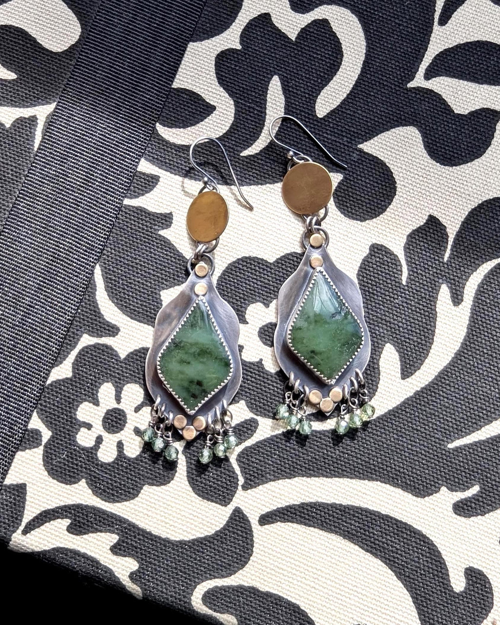 Dark olive green nephrite drop earrings in oxidized sterling silver