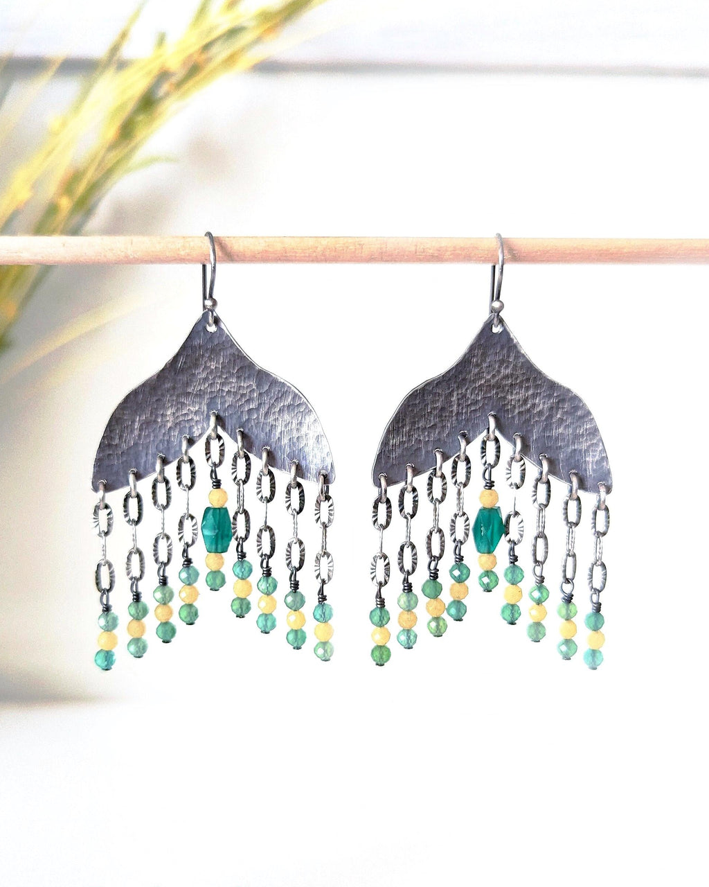 Green onyx and yellow chalcedony earrings in oxidized sterling silver