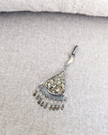 Triangular druzy pyrite pendant with flame-shaped handmade bail in oxidized silver