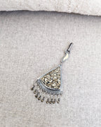 Triangular druzy pyrite pendant with flame-shaped handmade bail in oxidized silver