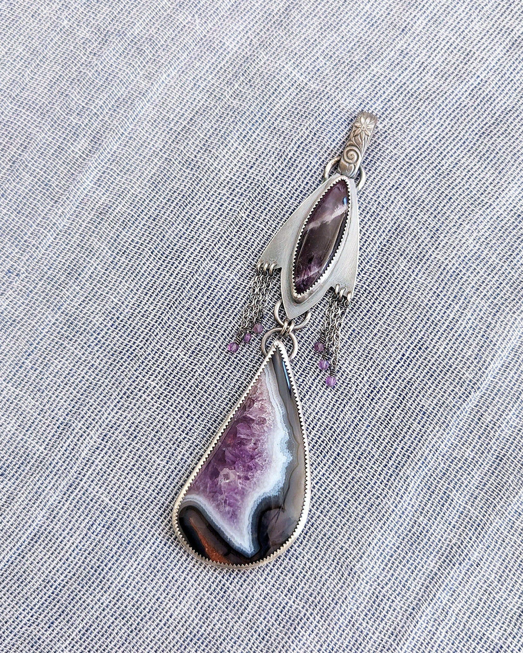 Banded amethyst marquis pendant in oxidized sterling silver
